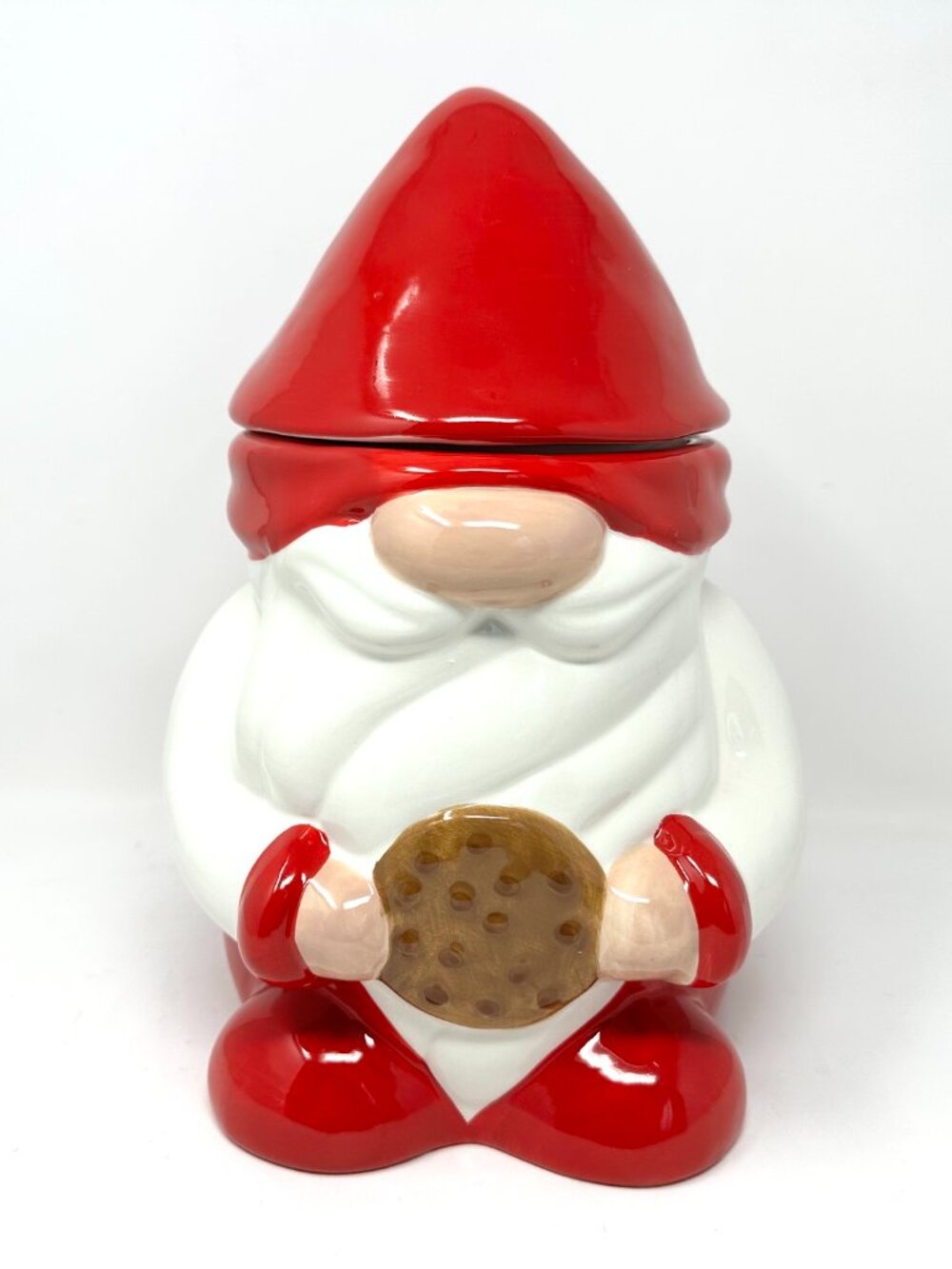Macy's The Cellar Gnome Holding Cookie, Cookie Jar w/Lid Red Hat and Overall